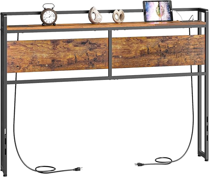 HOOBRO Headboard Full Size, Headboard with 2 Outlets and 4 USB Ports, Adjustable Height, Storage Rack, Sturdy and Stable, Easy Assembly, Rustic Brown and Black