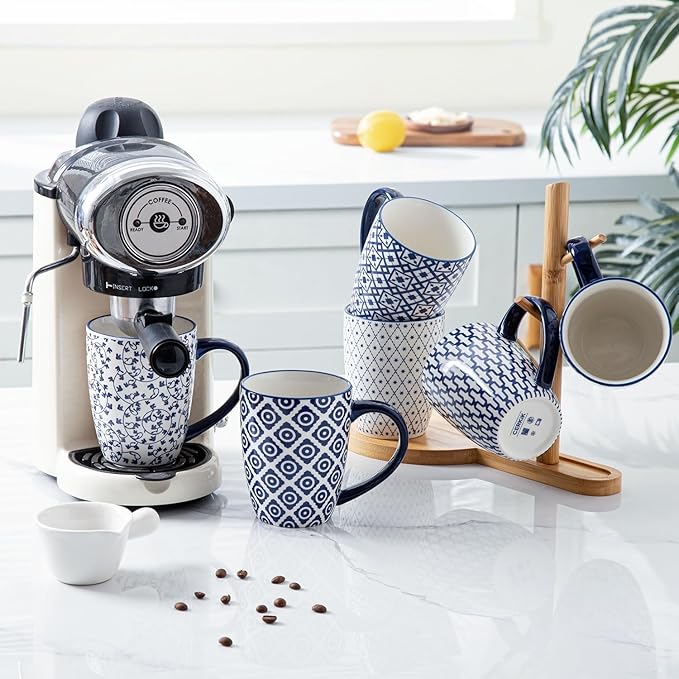 Ceramic Coffee Mugs Set - 16 Oz Large Porcelain Tea Cups with Handle for Men Women Latte Cocoa Cappuccino - Christmas Housewarming Gift - Dishwasher Safe - Set of 6 - Vintage Blue