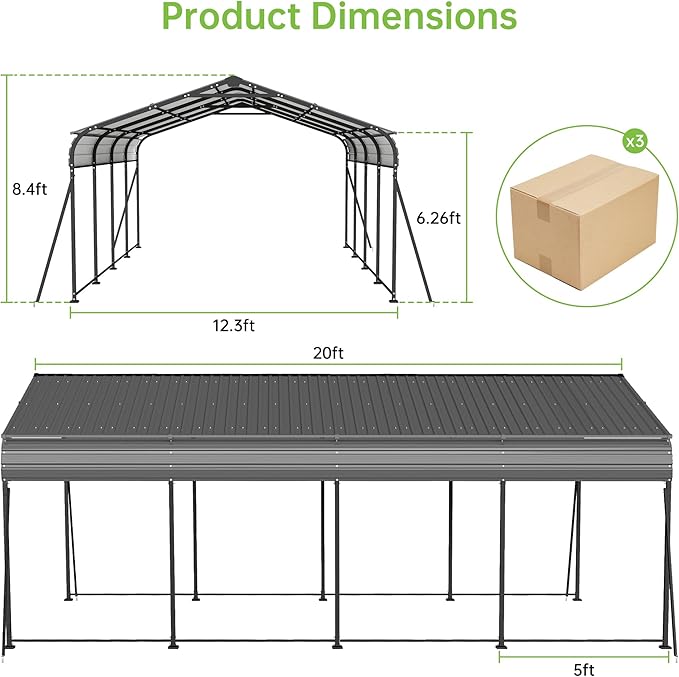 12x20FT Metal Carport, Heavy Duty Frame with Updated Galvanized Steel Roof, Enhanced Base, Outdoor Garage Car Storage Shelter for Cars, Boats, Tools, Party