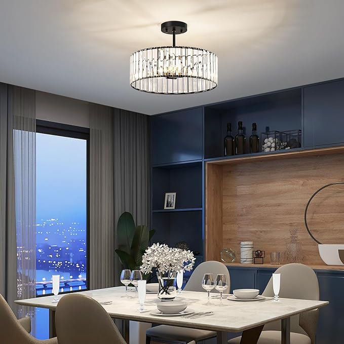 Crystal Black Ceiling Light, Modern Semi Flush Mount Ceiling Lighting Fixture, Round Hallway Lighting Fixtures Chandelier for Kitchen Entryway Bedroom Dining Room, 3-Light, 15.7 Inch