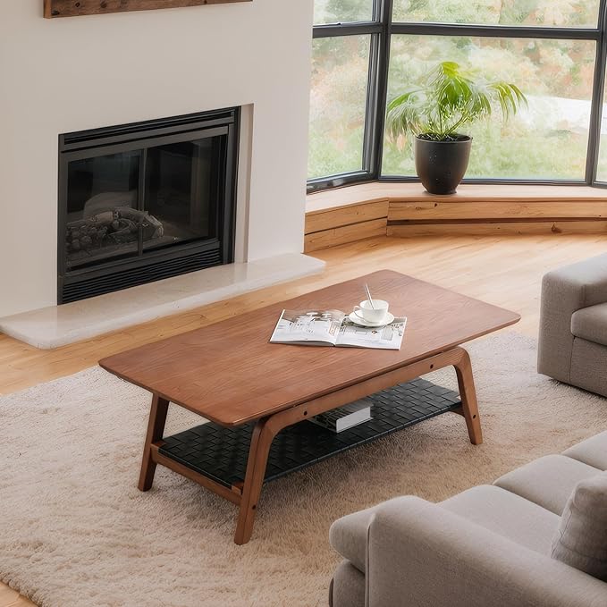 Solid Wood Coffee Table for Living Room, 47” Mid Century Modern 2-Tier Storage Coffee Table Rectangular Coffee Tables with Faux Leather Shelf Storage for Office Apartment, Walnut