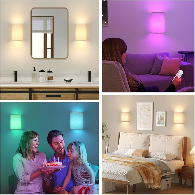 Battery Operated Wall Sconces Set of 2,Rechargeable Wall Lights with Remote Control,15 RGB Colors Dimmable Wall Light with fabric shades,Magnetic Wall Lamp Fixtures for Bedroom Living Room Hallway