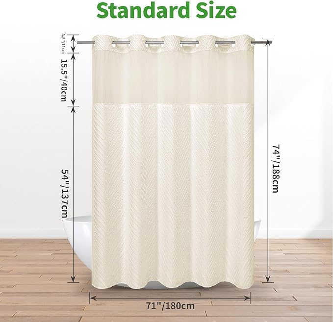 Cream No Hook Tufted Shower Curtain with snap-in Liner for Bathroom, Boho Farmhouse Style with See Through Top Window, no Hook Shower Curtain and Liner Set, Beige/Cream, 71Wx74H