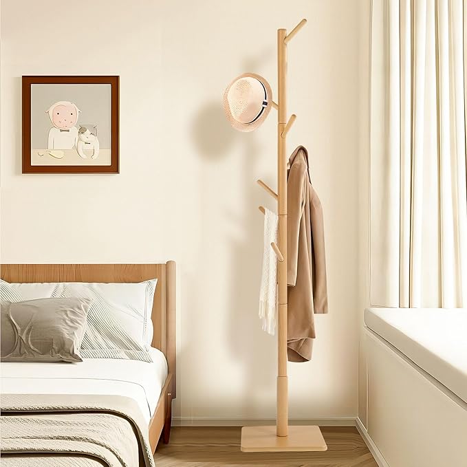 Coat Rack Freestanding with Stable Square Base for Cloathes, Hat, Used in Bedroom, Office and Entryway, Sturdy and Easy Assembly Coat Tree with 3 Adjustable Sizes and 8 Hooks, Natural