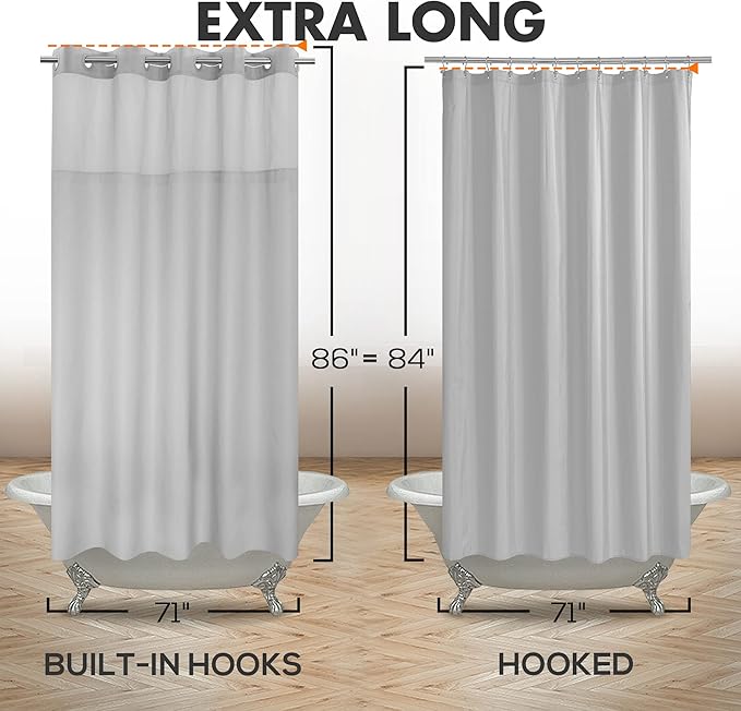 Extra Long No Hook Slub Textured Shower Curtain with Snap-in PEVA Liner Set - 71" x 86"(84"), Hotel Style with See Through Top Window, Grey Fabric Curtain & Waterproof Liner, Gray, 71x86
