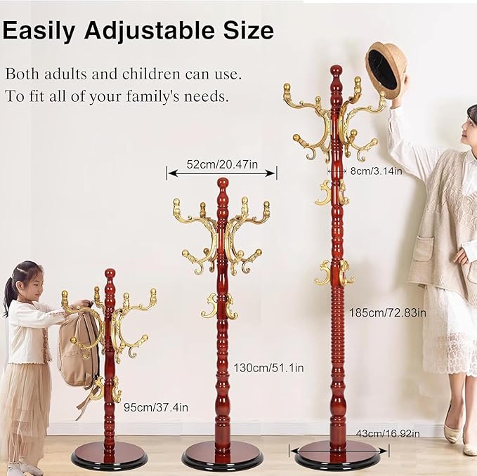 Wood Coat Rack Freestanding, Natural Coats Tree Stand with 14 Hooks, 73" Sturdy and Easy Assembly Coat Rack Stand for Entryway, Hallway, Bedroom, Bags, Hats (Heavy-duty Disc Base, Golden)