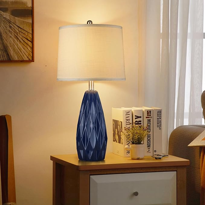 25'' Table Lamp Navy Blue Table Lamps Modern Ceramic Lamps for Night Stand - Dimmable Bedside Lamps for Nightstand, Bedroom Lamp for Living Room Desk End Table Office Guest Room