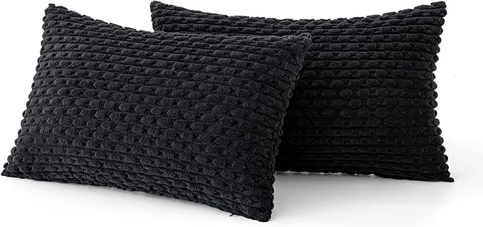 MIULEE Throw Pillow Covers Soft Corduroy Decorative Set of 2 Boho Striped Pillow Covers Pillowcases Farmhouse Home Decor for Couch Bed Sofa Living Room 12x20 Inch Black