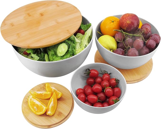 Salad Bowl Set of 3 with Bamboo Wooden Lids, Mixing Bowls Set, Nesting Bowls for Space Saving Storage, Made with Durable Eco-Friendly Bamboo Fiber, Great for Prepping and Serving Food, Grey