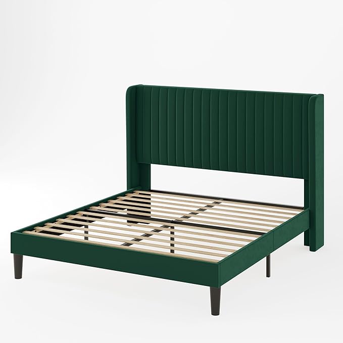 Allewie Queen Size Bed Frame/Velvet Upholstered Platform Bed/Vertical Channel Tufted Wingback Headboard/Strong Wooden Slats/No Box Spring Needed/Easy Assembly/Green