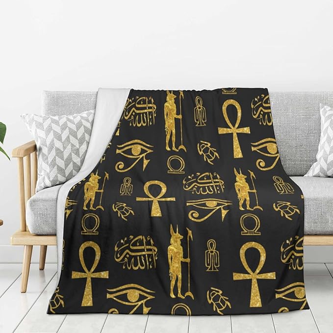 Ancient Egyptian Ankh Cross Gold Allahu Akbar Anubis Blankets for Mens Womens Boys Girls Gifts 50X40 Inches Ultra-Soft Warm Lightweight Bedding Throw for Bed, Sofa, Couch