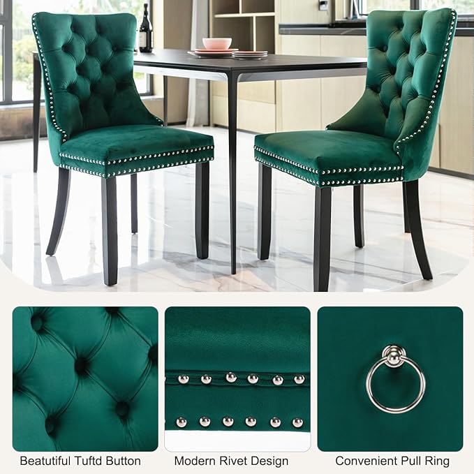 3-Piece Faux Marble Round Dining Table Set for 2, Modern Luxury Kitchen Table Set for 2 with Green Tufted Chairs,Circle Dining Tables with White Marble Grain Top and Black Pedestal Base