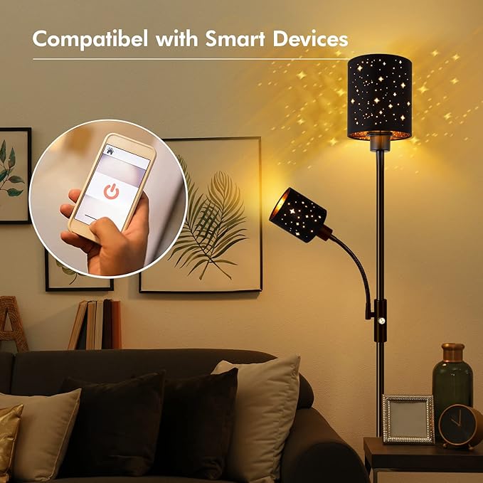 Gothic Industrial Torchiere Floor Lamp with Adjustable Reading Light, 71" Black Metal Standing Lamp with Gold Lined Starry Shade, Vintage Pole Lamp for Living Room & Bedroom, Spooky Home Decor