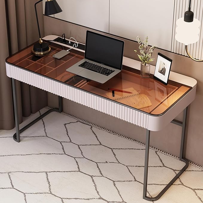 Lartis Office Desk with Drawers for Home Working Studying Computer Desk with Built-in Outlet Writing Desk Dressing Table Vanity Table no Mirror Intelligent Socket with USB Port