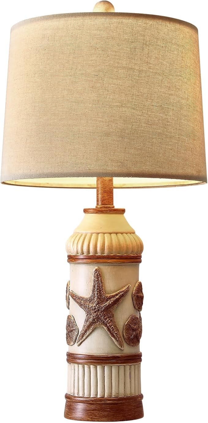 OYEARS 24“ Table Lamp for Bedroom, Boho Table Lamp for Living Room, Bedside Nightstand Lamp, Coastal Nautical Lamp with Starfish Conch Pattern for Decor, End Table, Vintage Retro Beach, Off White