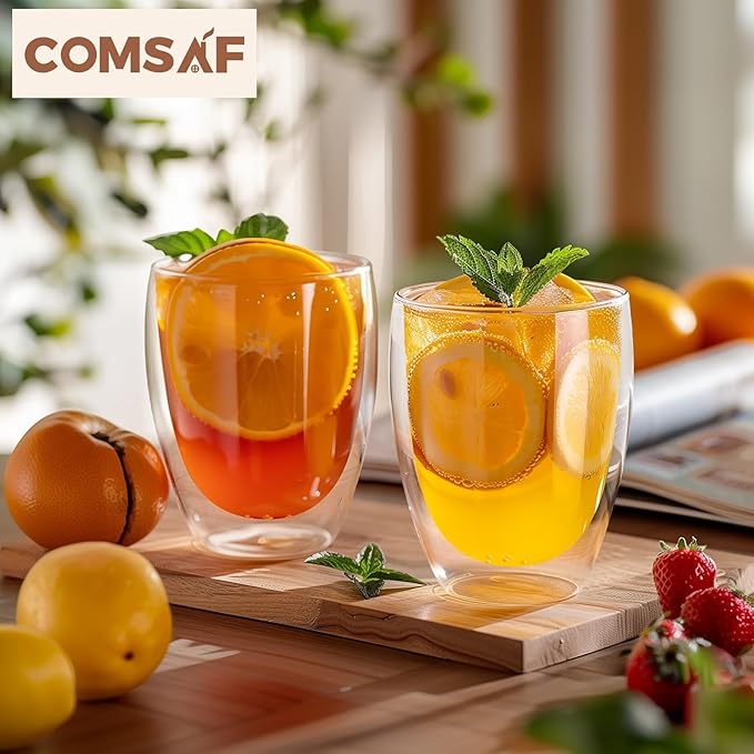 ComSaf glass coffee cups 12 oz, latte cup Set of 2, Double Walled Glass Coffee Mugs, clear coffee mug for Americano, Lungo, Mocha, Machiato,Cappuccino, Ideal Gift for Christmas, Birthday