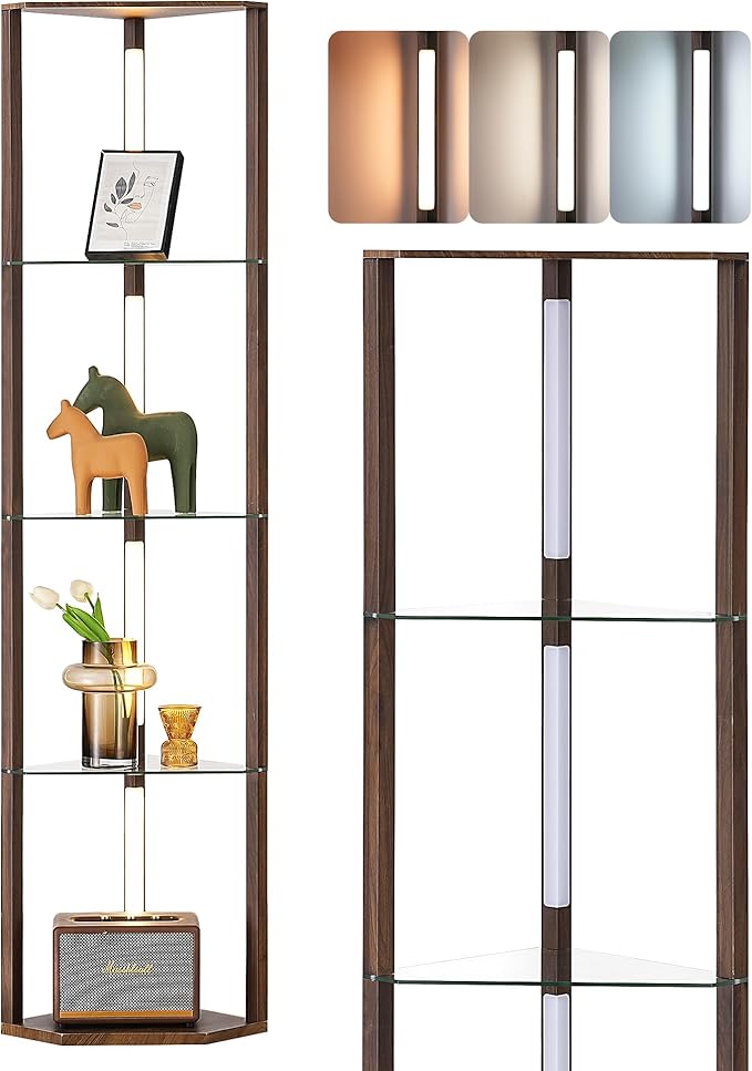 EDISHINE Floor Lamp with Shelves, 5-Tier Glass Display Shelf with Remote/Foot Control, 5CCT & Dimmable Corner Shelf Lamp, Open Display Cabinet, Floor Lamps for Living Room, Bedroom, Walnut Color