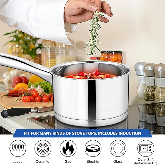 TeamFar Saucepan, 3 qt Stainless Steel Sauce Milk Pan & Lid with Tri-ply Bottom, Home/Kitchen Induction Pot for Cooking/Boiling/Warming/Stewing, Healthy & Heavy Duty, Dishwasher Safe