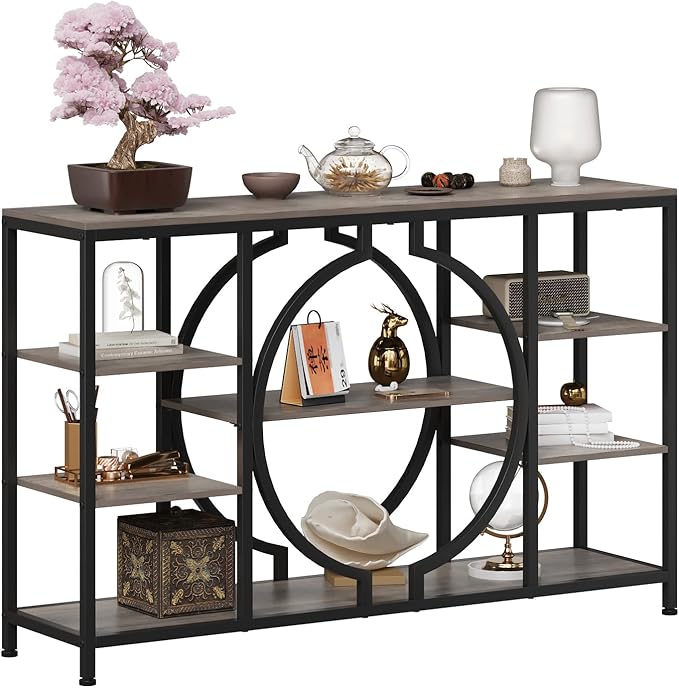 GiftGo 47" Industrial Console Tables for Entryway Rustic Sofa Table Behind Couch 4 Tier Wooden Shelves Entry Table with Storage for Foyer, Hallway, Front Door,Living Room (Retro Grey, 47")