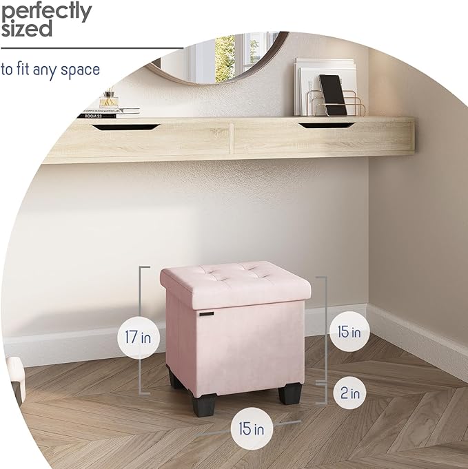 STORAGEBUD Storage Ottoman Cube with Small Bin, 15-in Square Ottoman with Storage for Living Room and Bedroom, Small Ottomans Foot Rest, Velvet Foot Stools Ottomans Max 330lbs, Pink