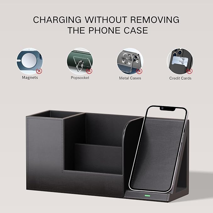 Pen Organizer with Phone Stand,Black Vegan Leather Desk Organizers with Remote Control Holder,Pencil Holder for Desk,Desk Organizer with Phone Charger for Office/Nightstand/Endtable