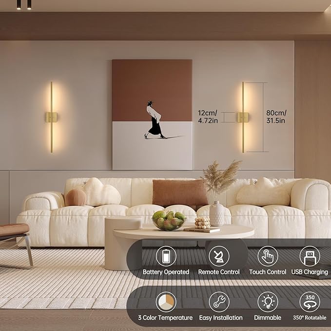 Battery Operated Wall Sconce Set of 2, 10400mAh Rechargeable Wall Sconces, 3000K-6000K Dimmable, 350°Rotate, Indoor Wall Lights for Bedroom Living Room Bathroom, Gold, 31.5 Inch