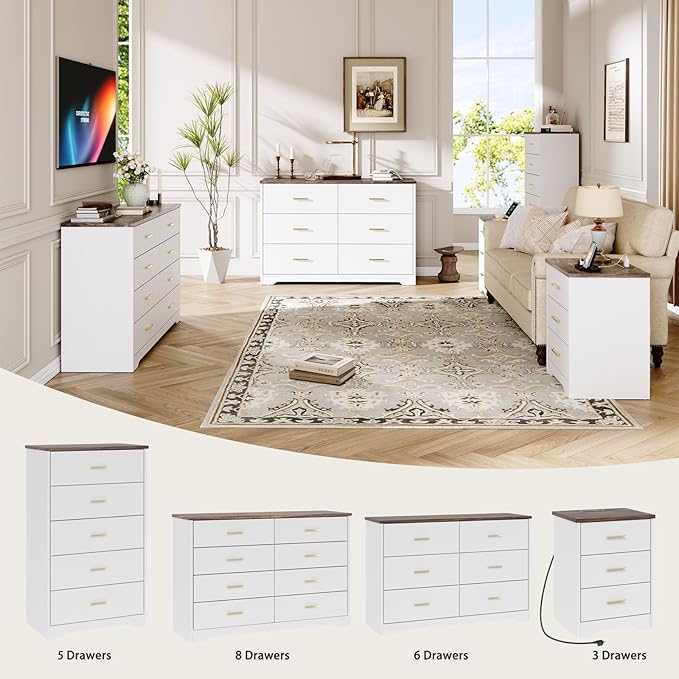 LIDYUK White Dresser for Bedroom, 3 Drawer Dressers & Chest of Drawers, Modern Wood Dresser with Charging Station, End Table Nightstand Bedside Table for Bedroom, Living Room