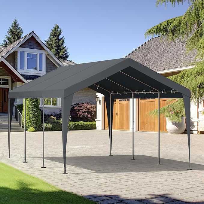 Carport 12x20 Heavy Duty Portable Garage,Galvanized Frame Carport Canopy,Portable Garages and Shelters with 8 Leg&4 Wind Rope,Car Tent Garage with All-Season Tarp for Truck Boat,Without Sidewall,Grey