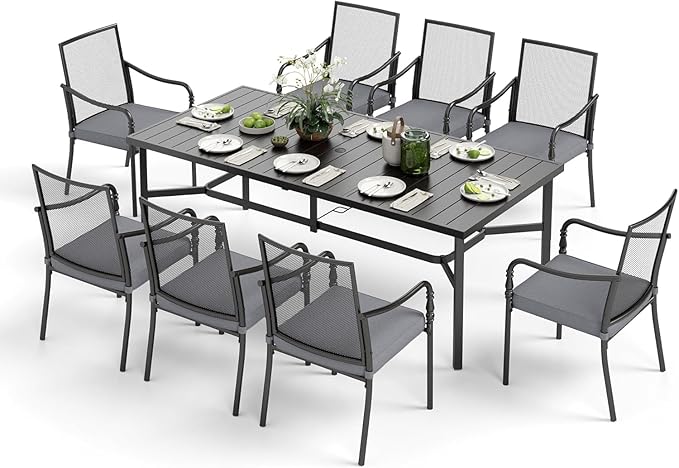 Patio Table and Chairs Set of 8, All-Weather Breathable Metal Mesh Patio Chair with Gourd-Shaped Armrests, 83x39 Rectangle Table with Umbrella Hole, 9 Pcs Metal Frame Patio Dining Set