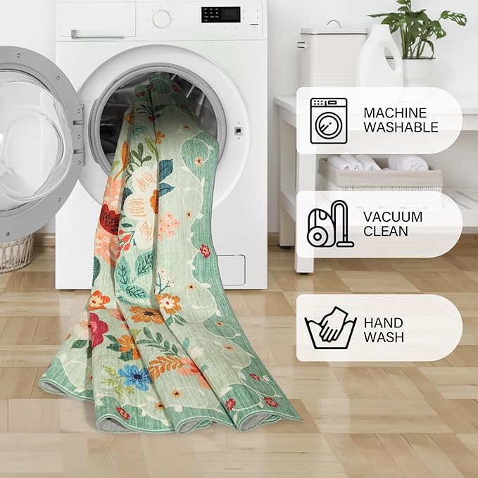 DUKINO 2x4 Rug for Entryway, Washable Kitchen Floral Runner Rug with Non Slip Backing, Low Pile Soft Boho Carpet for Kitchen, Hallway, Entryway, Laundry, Bedroom, Green