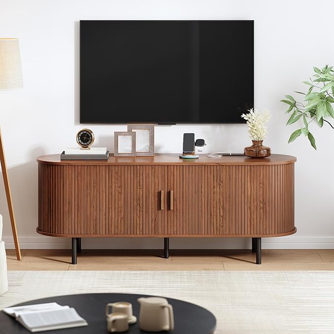 TV Stand with Power Outlet, Mid-Century Modern Television Stand, Media Console with Sliding Doors, Entertainment Center for TVs up to 60 Inch, Adjustable Shelves, Walnut