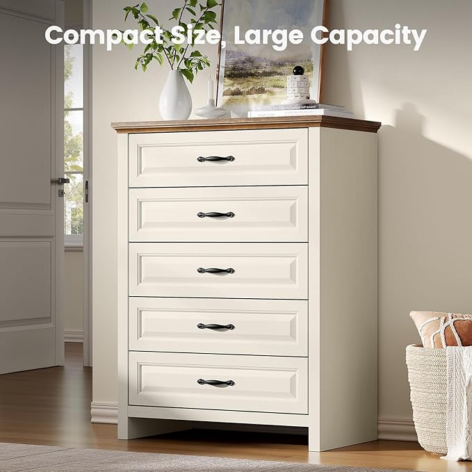 Amada 5 Drawer Dresser for Bedroom with Wood Drawers, Supports up to 22 lbs per Drawer, Anti-Tip Design for Safety, 5 Farmhouse Dresser Drawer Unit for Bedroom, Hallway, Brown and White