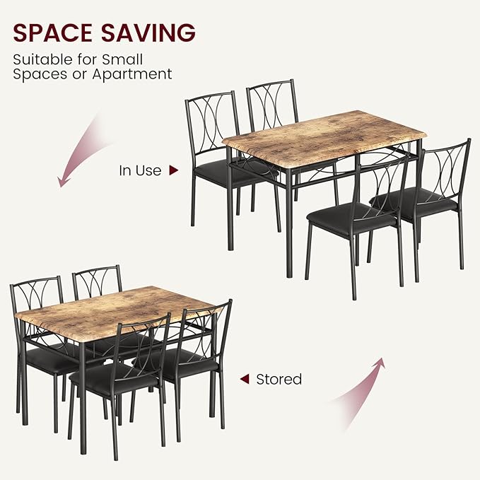 Dining Table Set for 4, Compact Kitchen Table with 4 Upholstered Chairs, 5-Piece Kitchen Table Set for Small Space, Dining Room, Apartment, Retro Brown