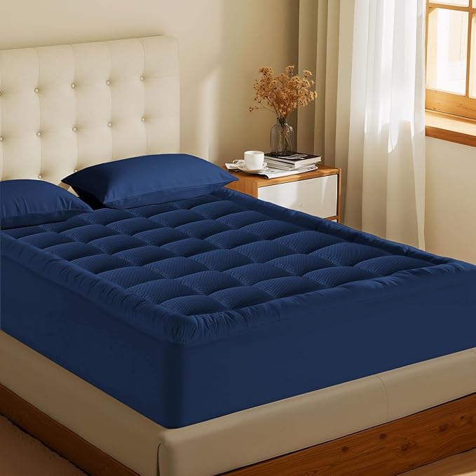 MATBEBY Twin Size Mattress Pad - Cooling Breathable Mattress Topper, Quilted Fitted Mattress Protector, Pillow Top Mattress Cover with 8-21" Deep Pocket, Machine Washable, Navy Blue, 39x75 Inches