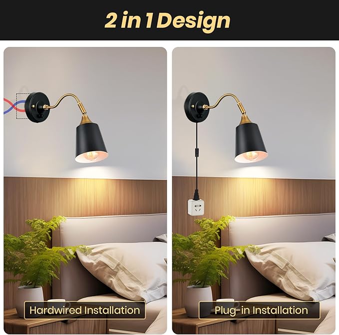 Plug in Wall Sconces, Black Wall Sconce Lighting, Swing Arm Wall Lamp,E26 Base Industrial Wall Light Fixtures with Plug in Cord