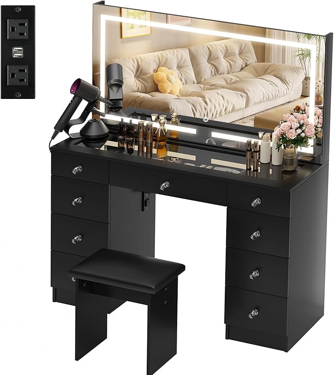 VOWNER Vanity with Lighted Mirror - 47" Glass Top Makeup Vanity Desk with 9 Drawers and Power Outlet, 3 Color Lighting Modes Adjustable Brightness, Makeup Desk with Cushioned Stool for Bedroom, Black