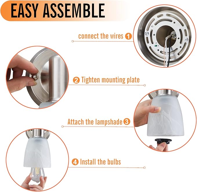 Wall Sconces Set of 2, Brushed Nickel Vanity Lights for Bathroom, Modern Wall Light Fixtures with Rotary Switch, Wall Mount Light with Frosted Glass, Farmhouse Wall Lamp for Bedroom Living Room