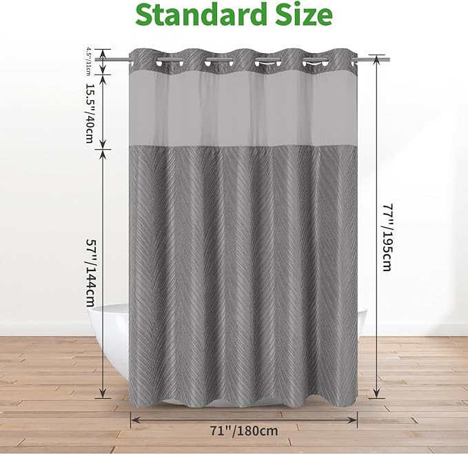 no Hook Shower Curtain and Liner Set,Boho Style with See Through Top Window, Grey Fabric Tufted Striped Textured Outer Curtain & Waterproof Inner Liner, Grey/Gray, 71Wx77H