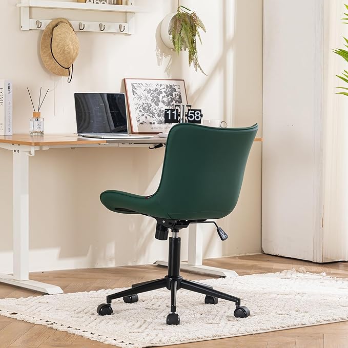 YOUTASTE Dark Green Office Chair, Modern Armless Desk Chair with Back, Adjustable Swivel Rolling Faux Leather Task Chair with Wheels Metal Base for Home Office, Study, or Vanity