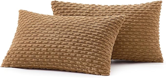 MIULEE Throw Pillow Covers Soft Corduroy Decorative Set of 2 Boho Striped Pillow Covers Pillowcases Farmhouse Home Decor for Couch Bed Sofa Living Room 12x20 Inch Light Coffee