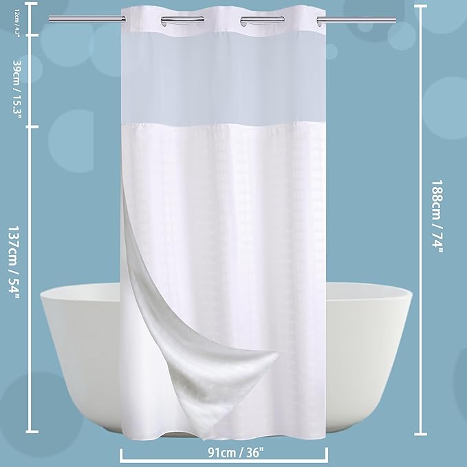 Conbo Mio Stall No Hook Shower Curtain with Snap in Liner Set, Hotel Luxury White Fabric Shower Curtains for Bathroom with See Through Top Window, Washable, Waterproof 36W x 74H