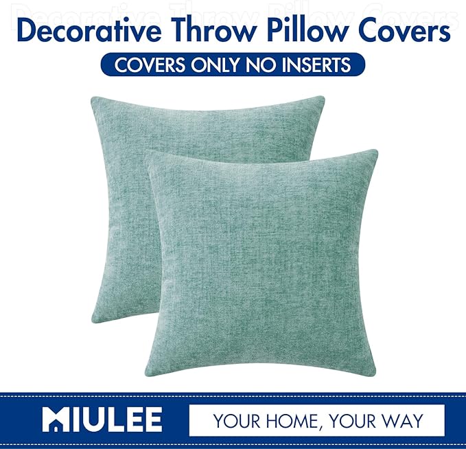 MIULEE Pack of 2 Couch Throw Pillow Covers 20x20 Inch Soft Aqua Green Chenille Pillow Covers for Sofa Living Room Solid Dyed Pillow Cases