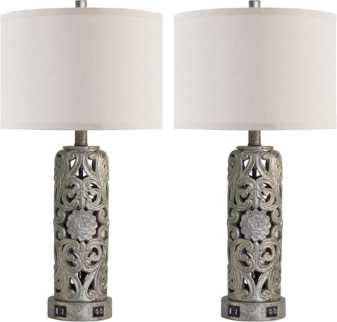 25'' Set of 2 Industrial Table Lamps for Living Room with Dual USB Ports, Vintage Resin Nightstand Lamp for Bedroom with Nightlight, Antique Rustic Desk Lamp for Entryway, 2 Bulbs Included