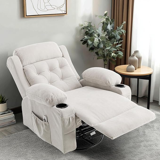 Overstuffed Rocker Recliner Chair with Massage and Heat, Mid Century Ergonomic Rocking Swivel Recliners Lounge Chair for Living Room, Manual Recliner Sofa Chairs with 2 Cup Holders, USB