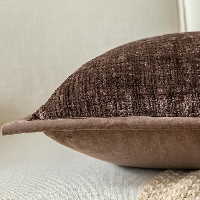 Yaertun Pack of 2 Chenille Textured Decorative Throw Pillow Covers Accent Solid Cushion Cover Soft Cozy Pillow Case with Velvet Back for Couch Sofa Bed Living Room 12x20 Inch Coffee