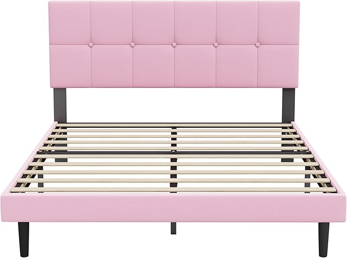 Queen Size Bed Frame, Queen Size Platform Bed Frame with Headboard, Upholstered Headboard, Sturdy Wooden Slats, Noiseless No Box Spring Required, Easy to Assemble, Pink