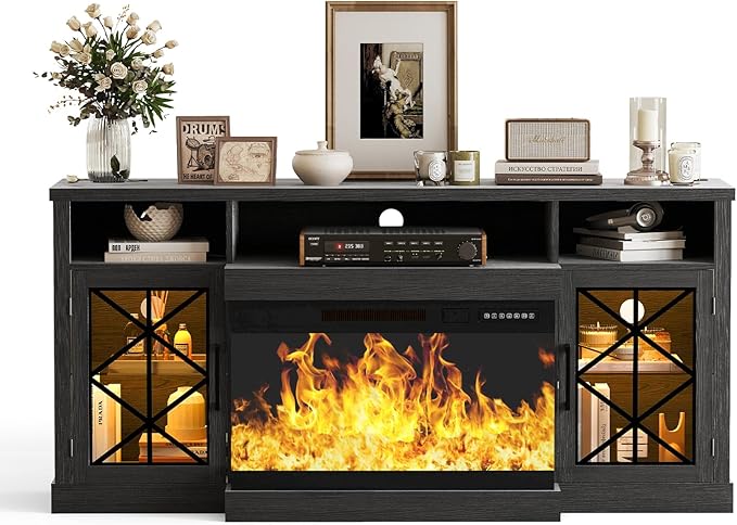 Ludatido 65 Inch FireplaceTV Stand with 3-Sided Glass Insert, Storage Cabinets & Drawers, Fits TVs up to 75", Remote & Touch Control, White Entertainment Center with USB&AC Power Interface, Black