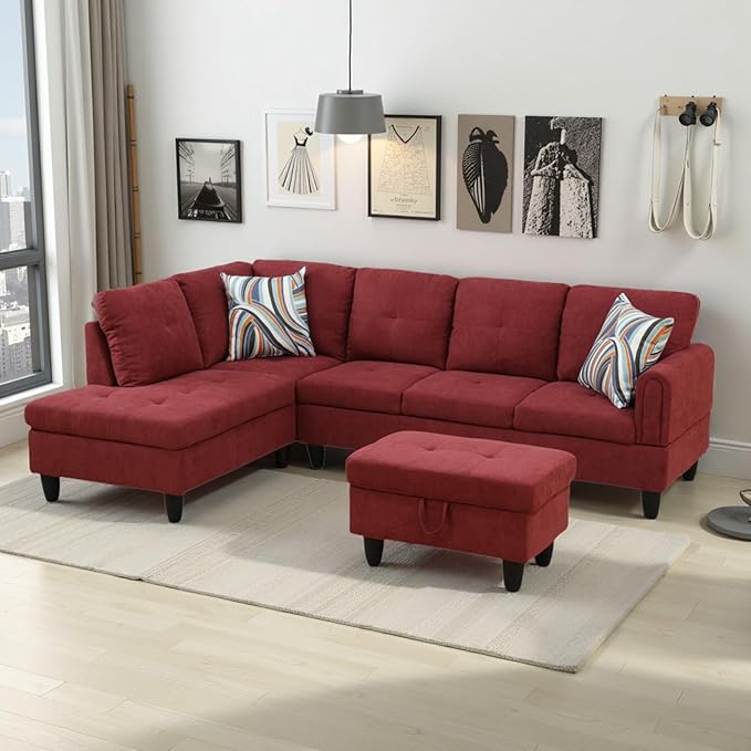 L Shaped Couch Sectional Couches with Chaise and Storage Ottoman, Fluffy Fabric 3 Pieces Modular Convertible Sofa for Living Room Furniture Sets and Small Apartment, Red