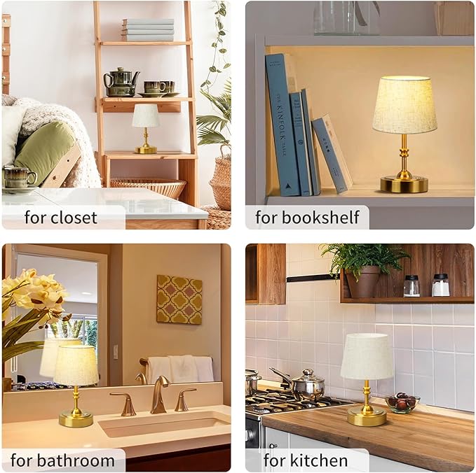 ONEWISH Small Cordless Lamp, Battery Operated Table lamp Dimmable, 4000mAh Rechargeable, Touch Bedside Lamp with Beige Linen Fabric Shade, 2700K Bulb Included, for Dining, Patio, Bathroom(Gold)