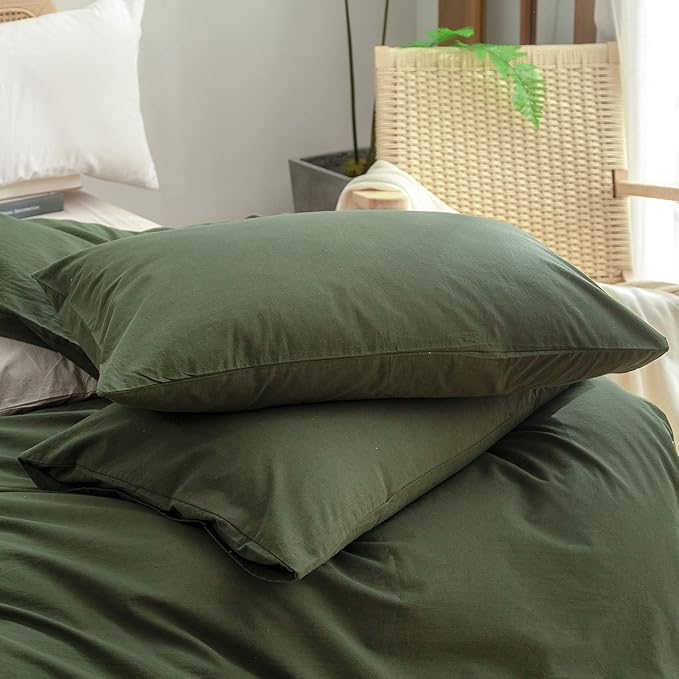 BESTOUCH Duvet Cover Set 100% Washed Cotton Linen Feel Super Soft Comfortable Chic Lightweight 3 PCs Home Bedding Set Solid Olive Green Super King